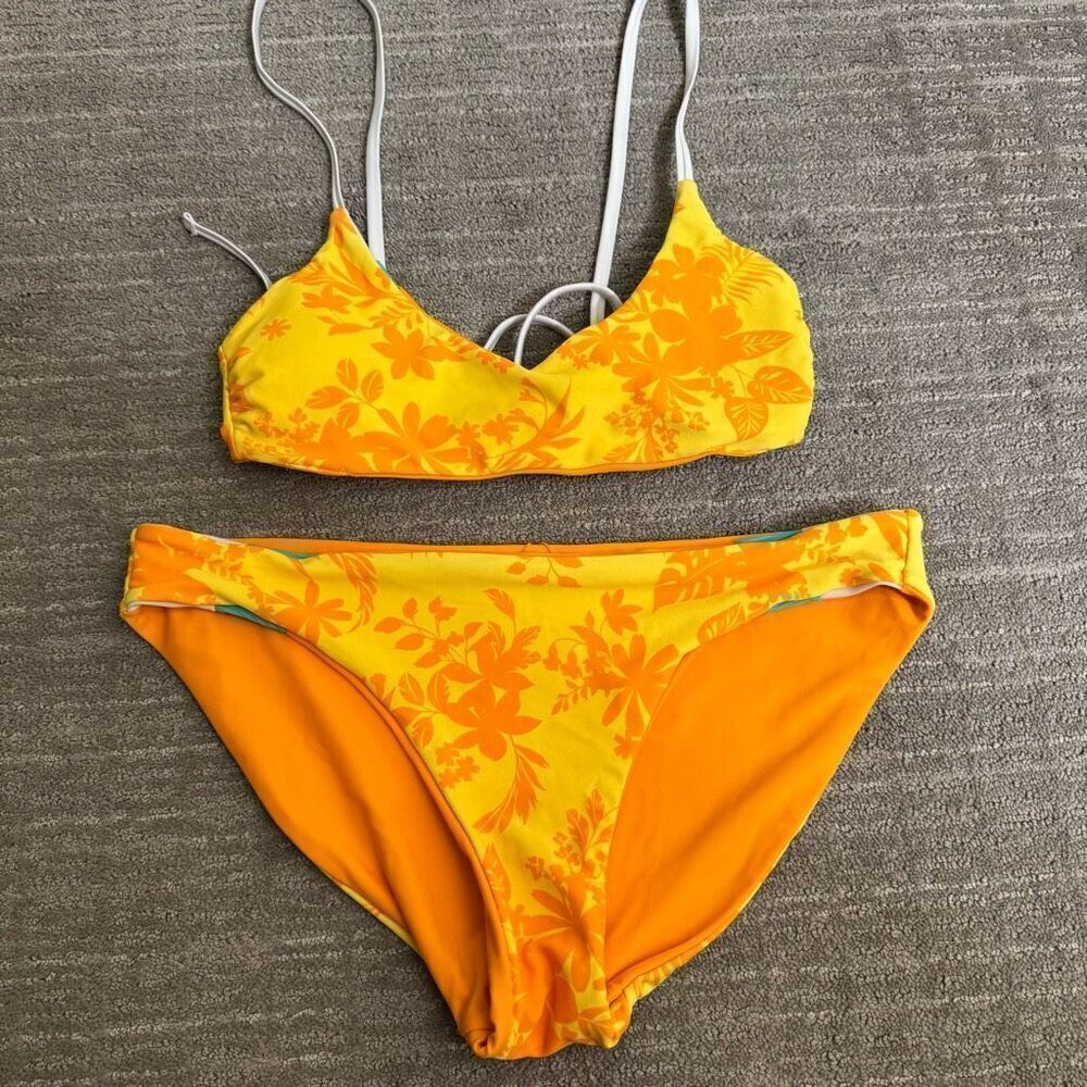 Endless Waves Yellow Orange Floral Scoop Reversible Bikini Set Large 11-13